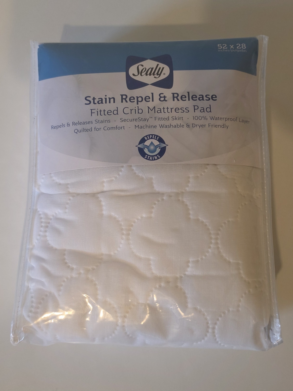 Sealy Stain Repel & Release Fitted Crib Mattress Pad - White
